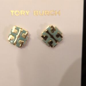 Tory Burch Gold and Mint Green Square Earrings